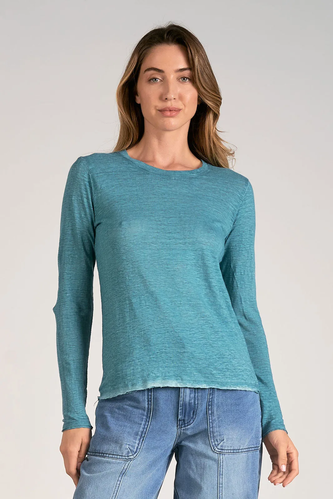 Distressed Crew Neck Long Sleeve- Peacock