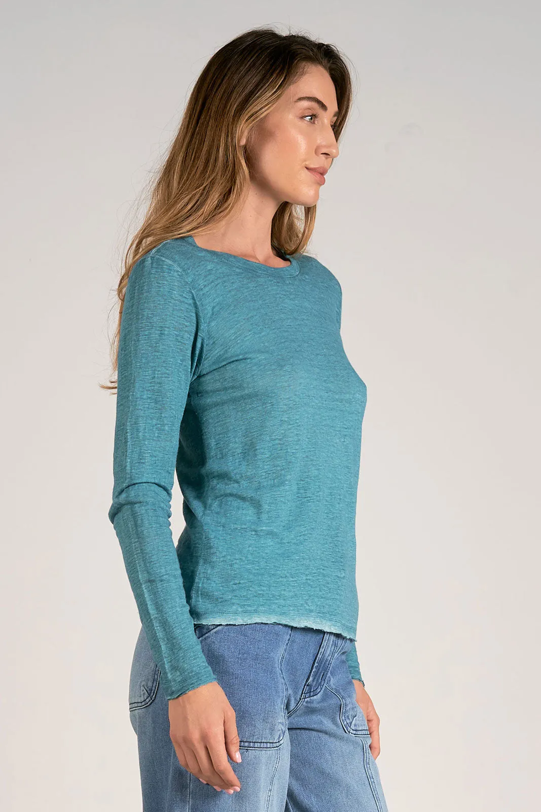 Distressed Crew Neck Long Sleeve- Peacock