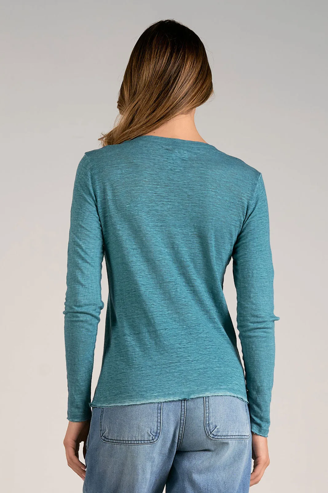 Distressed Crew Neck Long Sleeve- Peacock