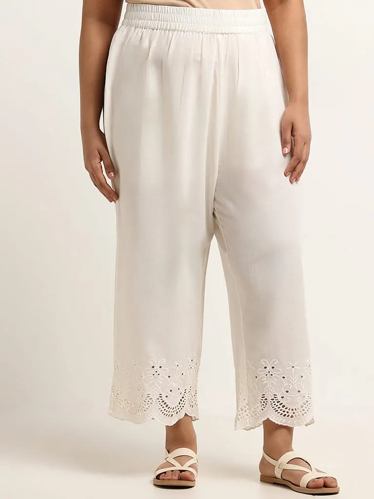 Diza Off-White Cotton Mid Rise Straight Fit Schiffli Pants