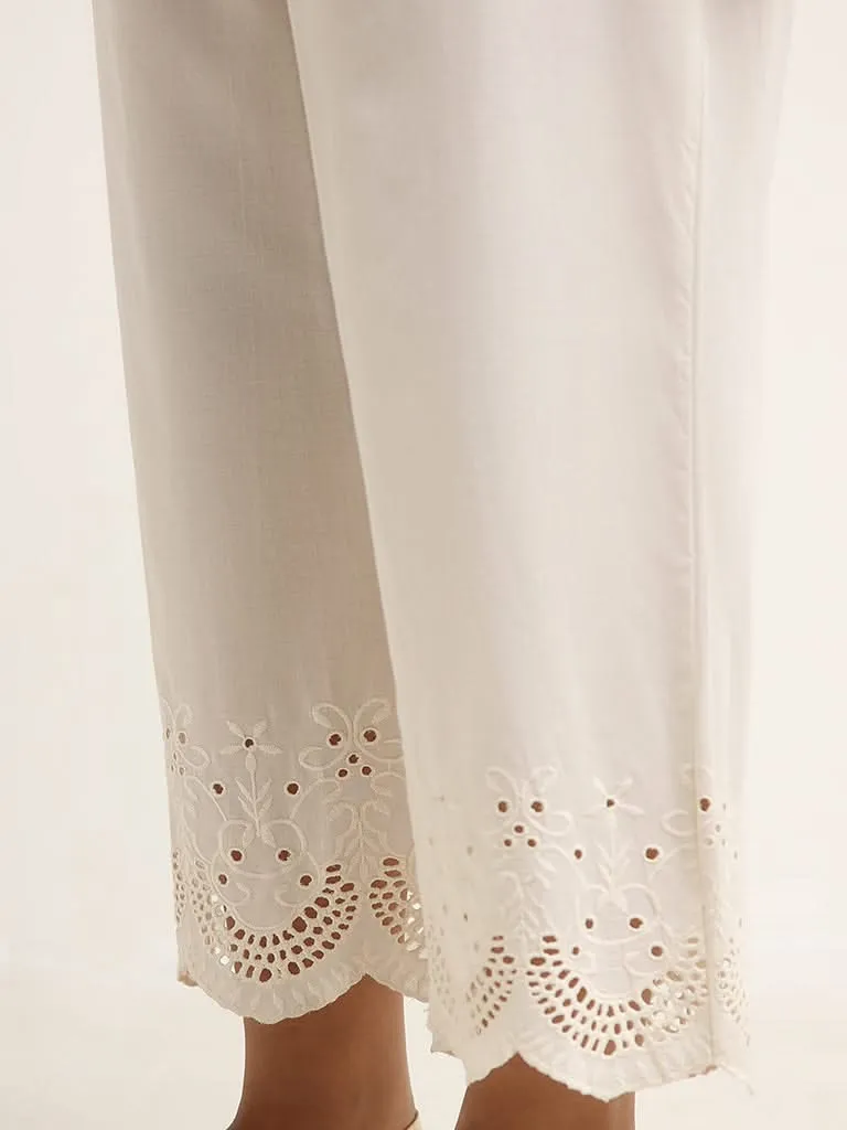 Diza Off-White Cotton Mid Rise Straight Fit Schiffli Pants