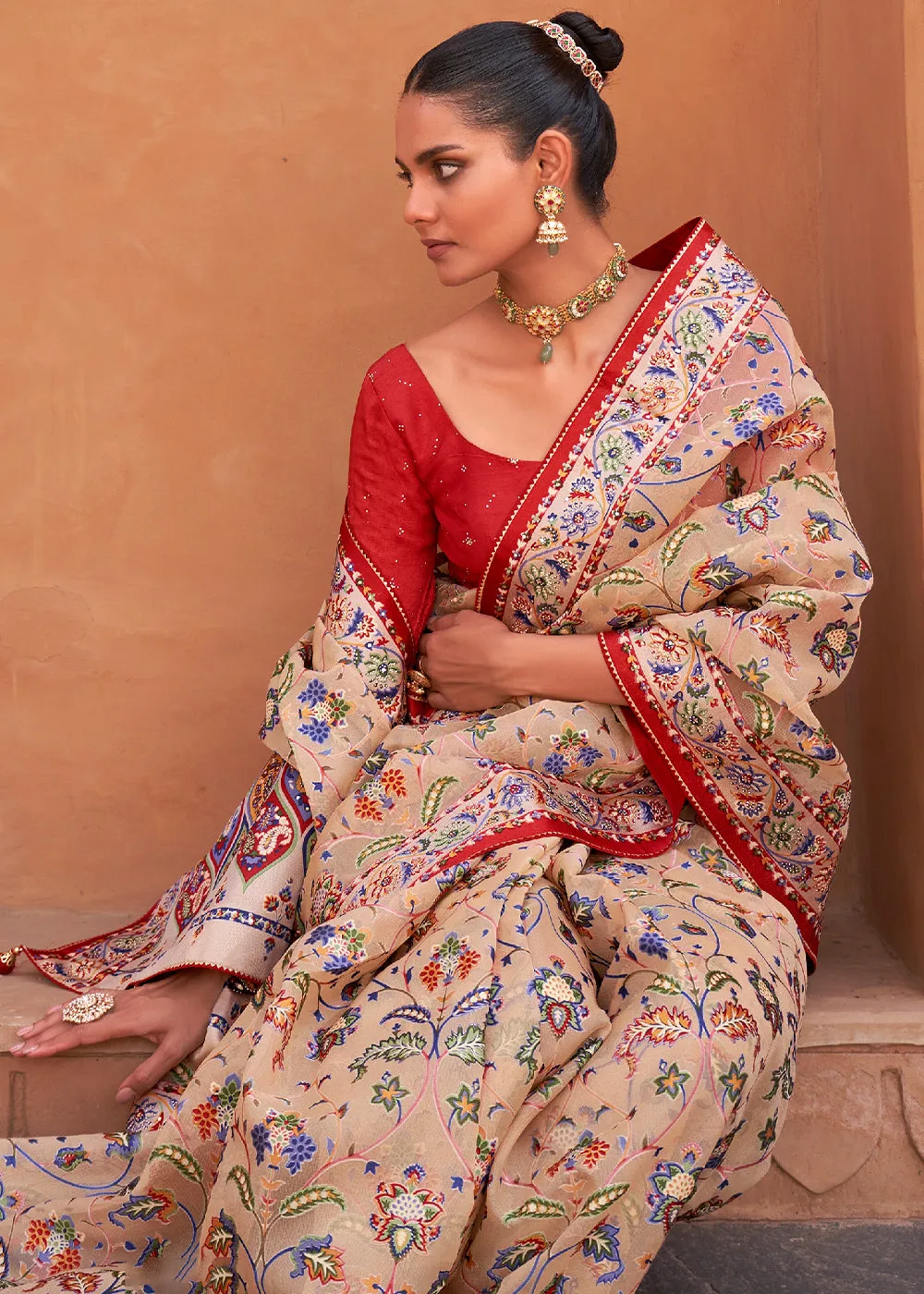 Ecru Brown Patola Printed Tissue Silk Saree with Designer Blouse