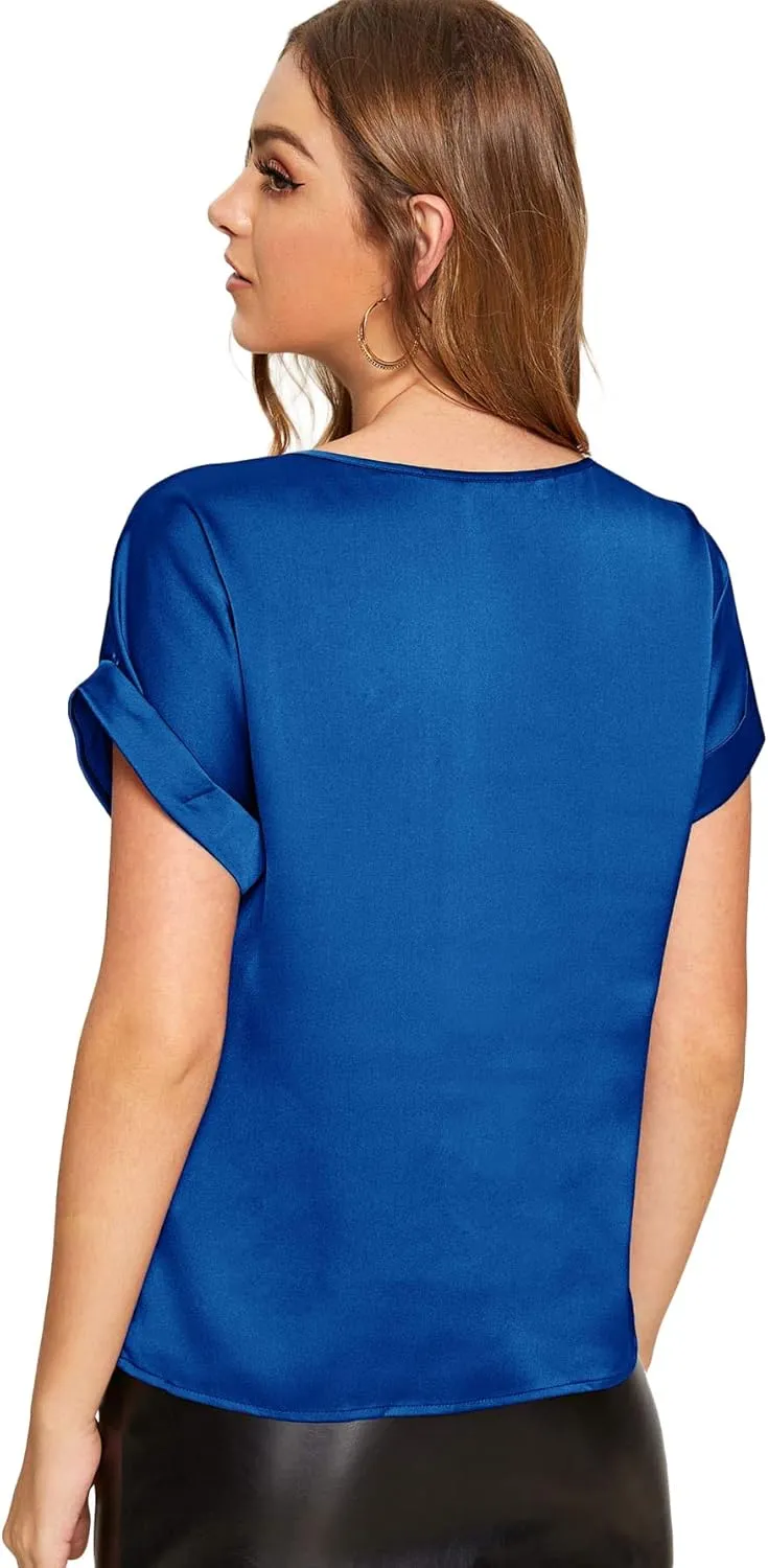 Floerns Women's Casual Solid Rolled Cap Short Sleeve Satin Silk Blouse Tops