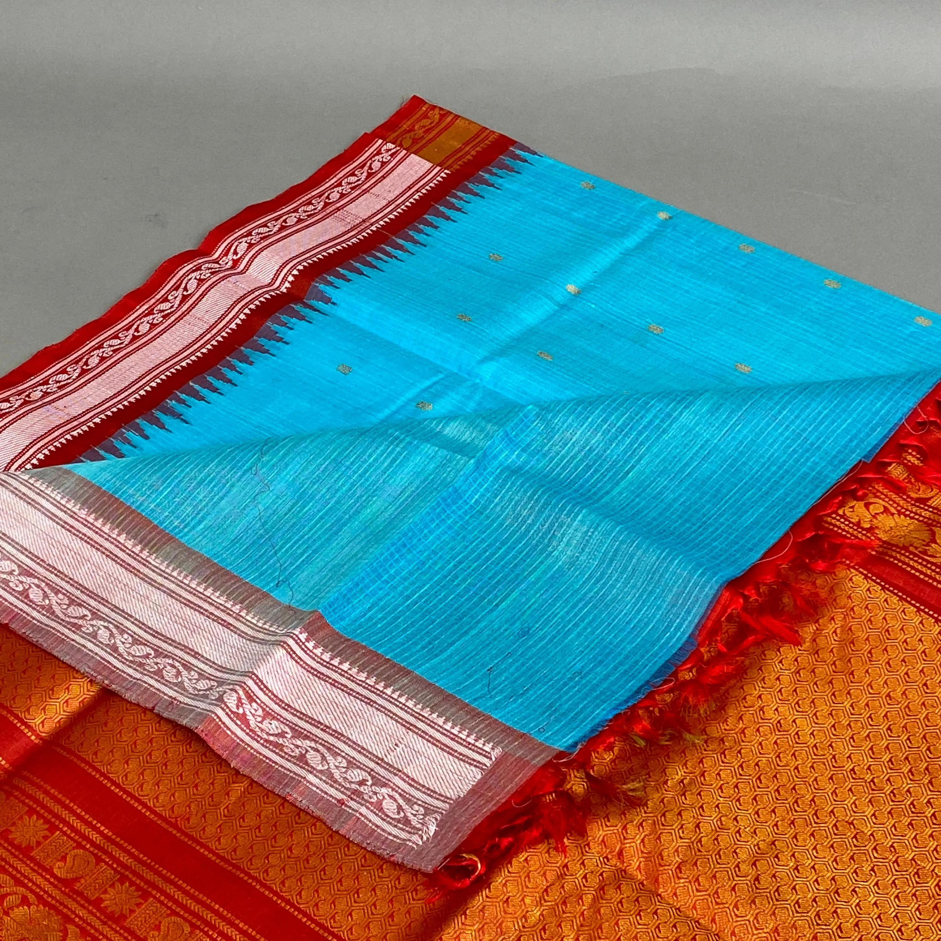 Gadwal Saree- Blue and Red W/ Gold & White thread Zari (Attached Blouse Material)