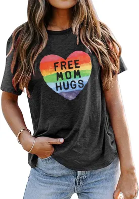 Gay Pride Shirt Women Free Mom Hugs T-Shirt Rainbow Heart Shirt LGBTQ Pride Shirt Rainbow Flag Tee Proud Ally Shirts