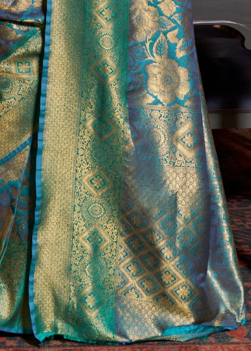 Golden and Blue Blend Kanjivaram Silk Saree