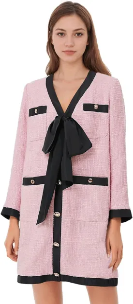 Haellun Women's Tweed Bow Dresses V Neck Long Sleeve Elegant Party Dress Button Down Bodycon Mini Dress