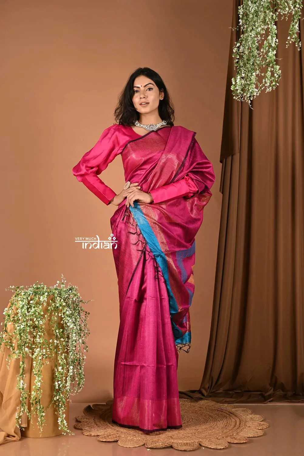 Handloom and Charkha Woven Pure Dupion Silk by Govt certified Weavers - Cerise Pink