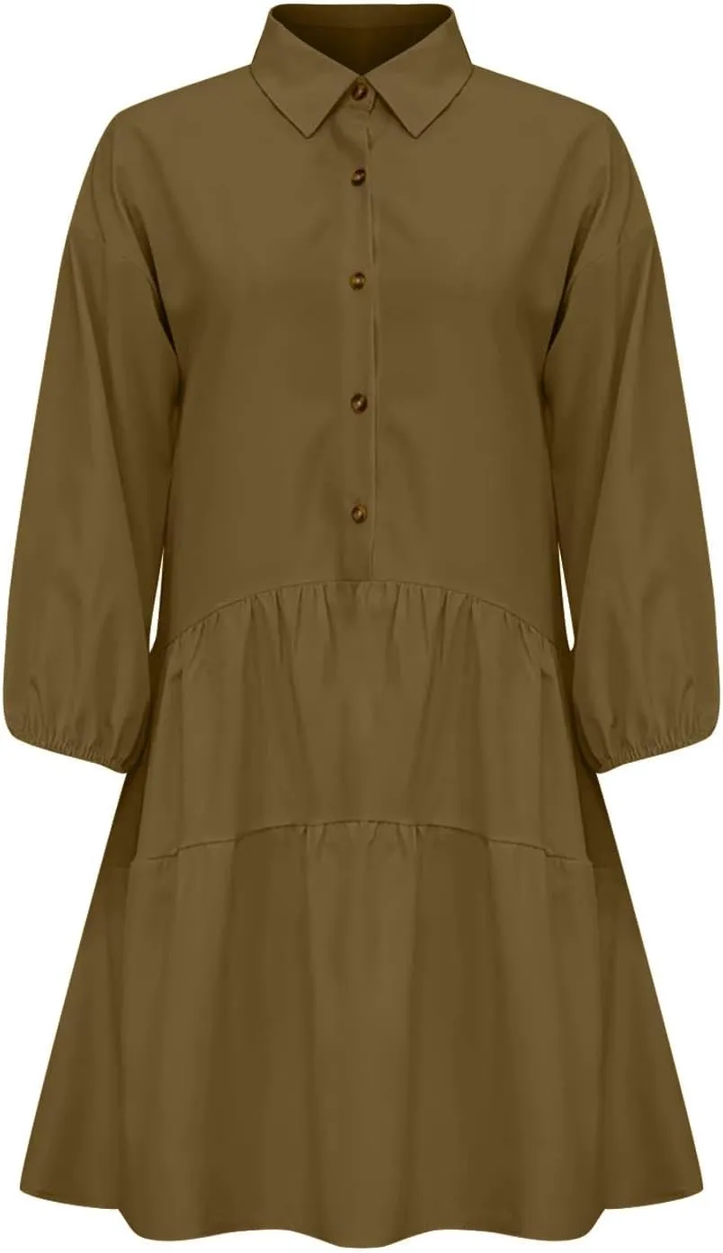 HGps8w Womens Long Sleeve Babydoll Dresses Chic Lantern Sleeve Loose Casual A-Line Button Down Shirt Dress