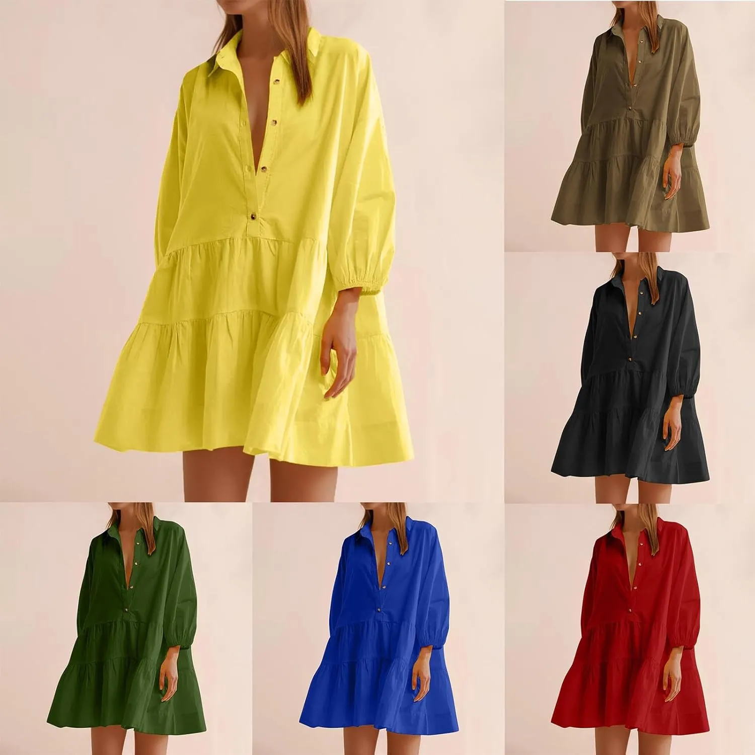 HGps8w Womens Long Sleeve Babydoll Dresses Chic Lantern Sleeve Loose Casual A-Line Button Down Shirt Dress