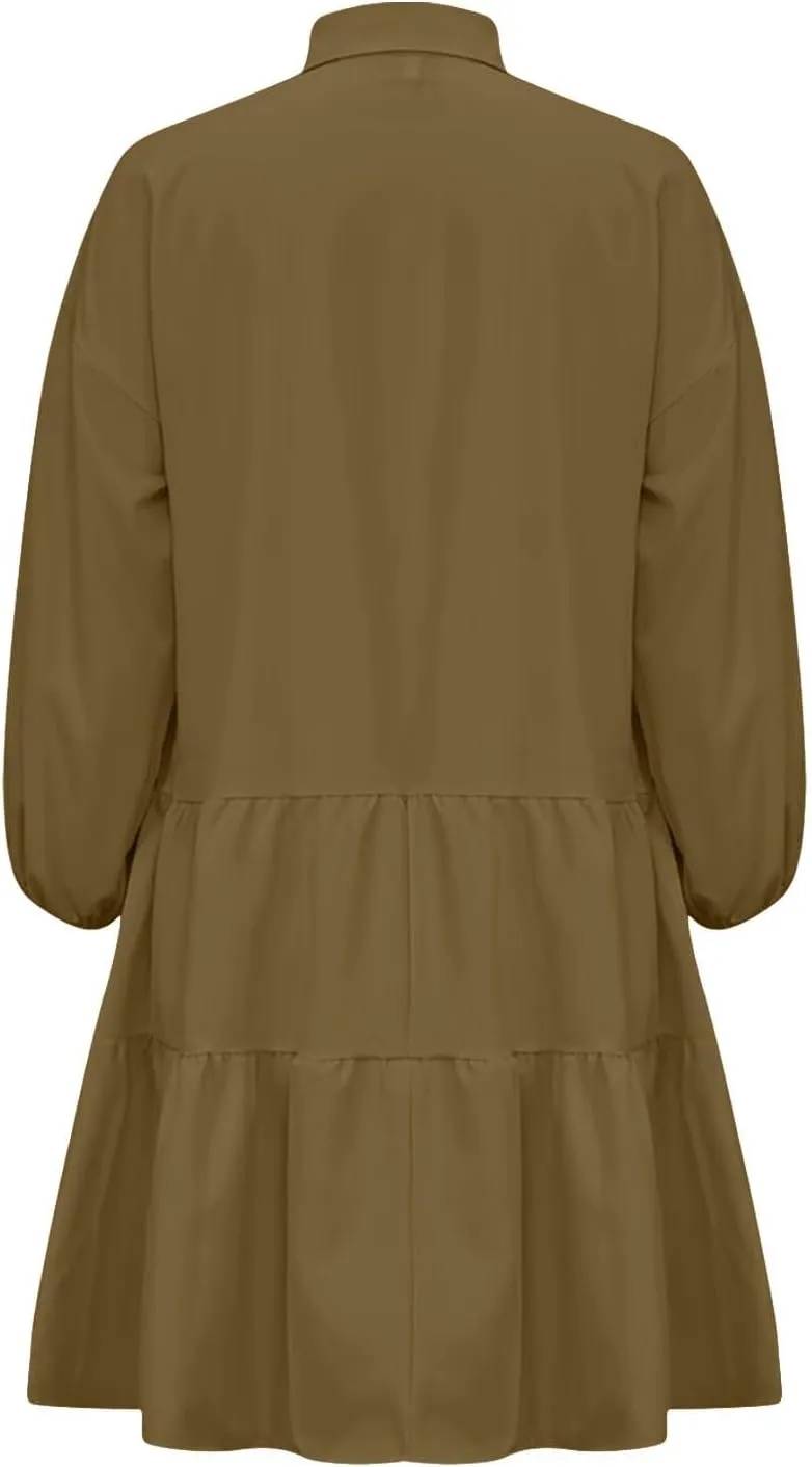 HGps8w Womens Long Sleeve Babydoll Dresses Chic Lantern Sleeve Loose Casual A-Line Button Down Shirt Dress
