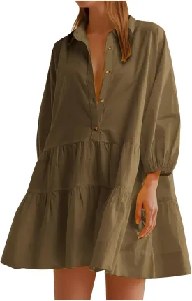 HGps8w Womens Long Sleeve Babydoll Dresses Chic Lantern Sleeve Loose Casual A-Line Button Down Shirt Dress