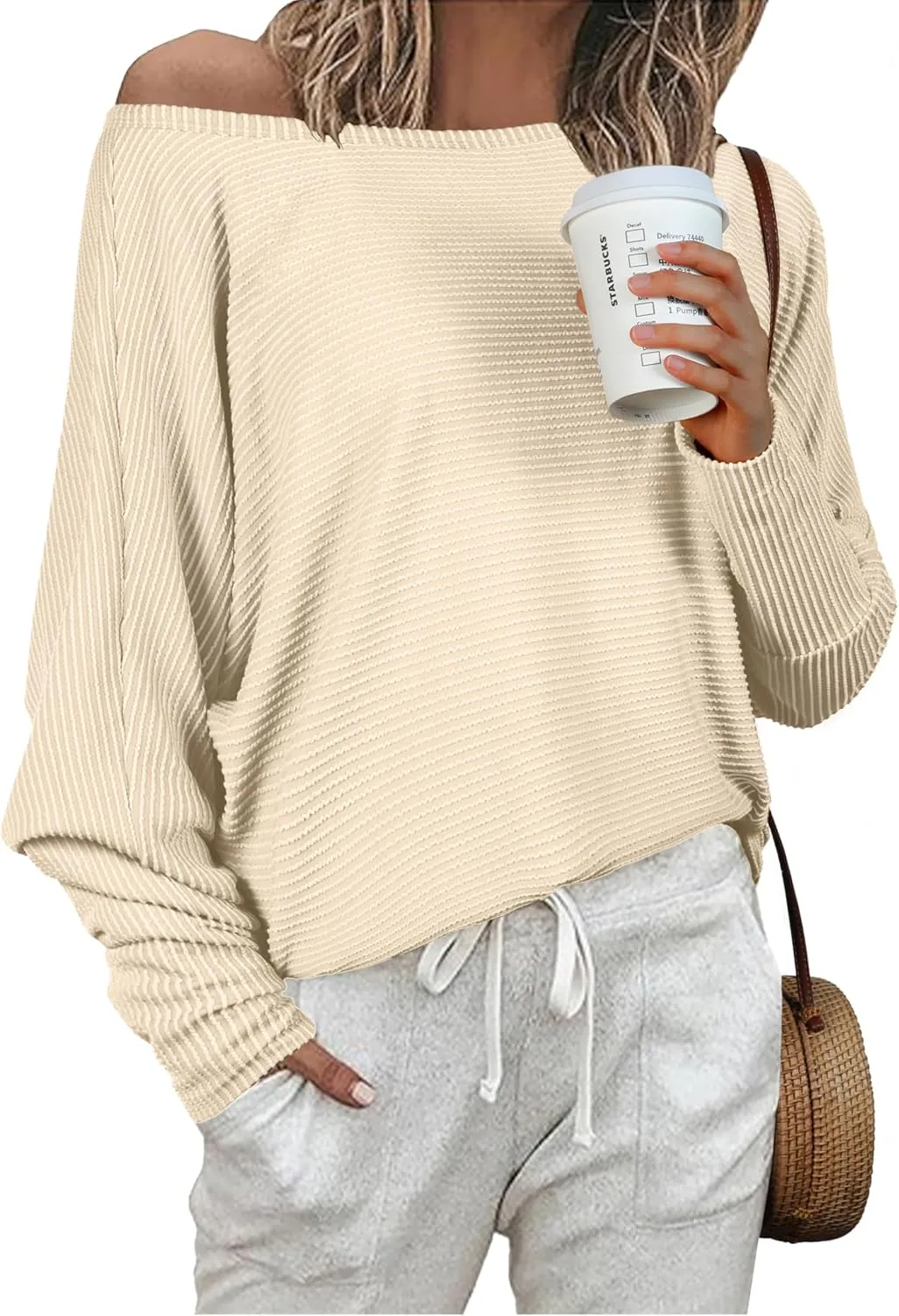IWOLLENCE Women's Loose Long Batwing Sleeve Shirt Tops Knitted Off The Shoulder Lightweight Fall Blouses
