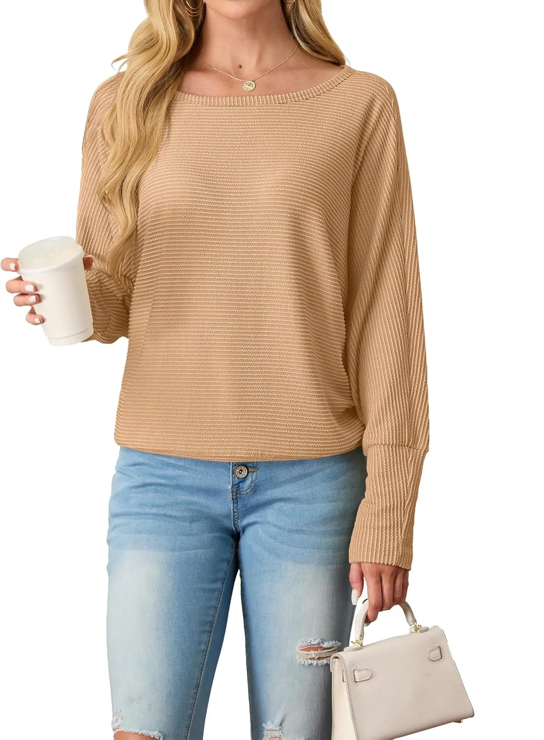 IWOLLENCE Women's Loose Long Batwing Sleeve Shirt Tops Knitted Off The Shoulder Lightweight Fall Blouses