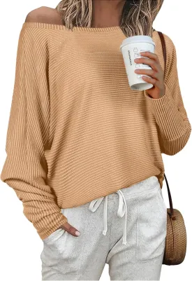 IWOLLENCE Women's Loose Long Batwing Sleeve Shirt Tops Knitted Off The Shoulder Lightweight Fall Blouses