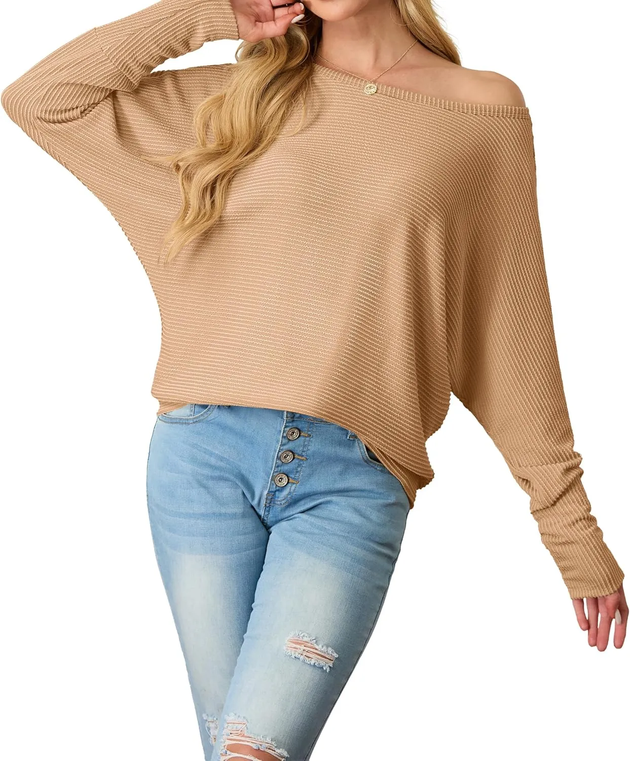 IWOLLENCE Women's Loose Long Batwing Sleeve Shirt Tops Knitted Off The Shoulder Lightweight Fall Blouses
