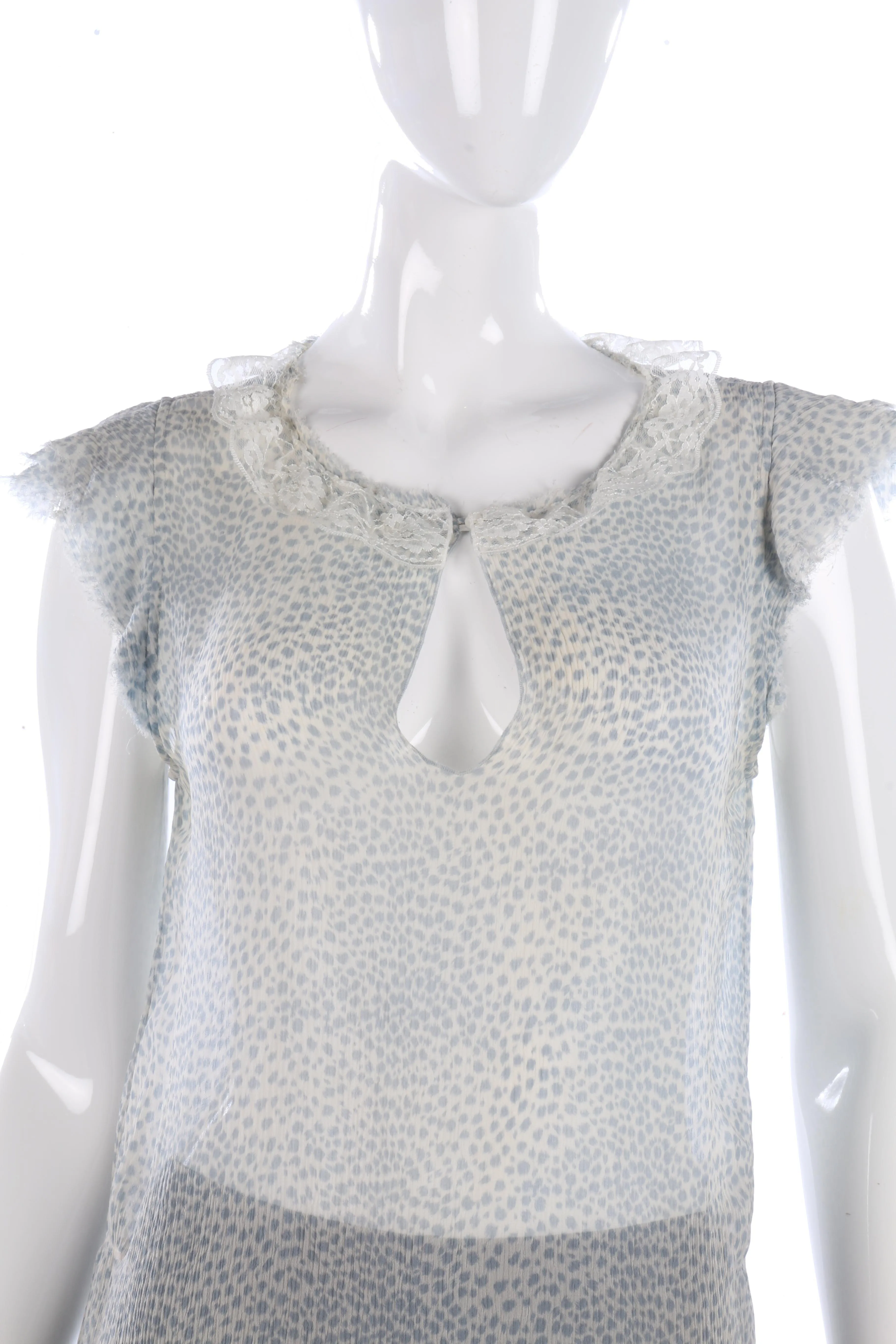 Jigsaw 100% Silk Top with Lace Collar Blue Animal Print Size 12