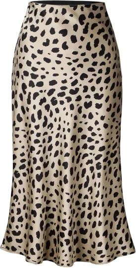 Keasmto Leopard Skirt for Women Midi Length High Waist Silk Satin Elasticized Cheetah Casual Ladies Skirts