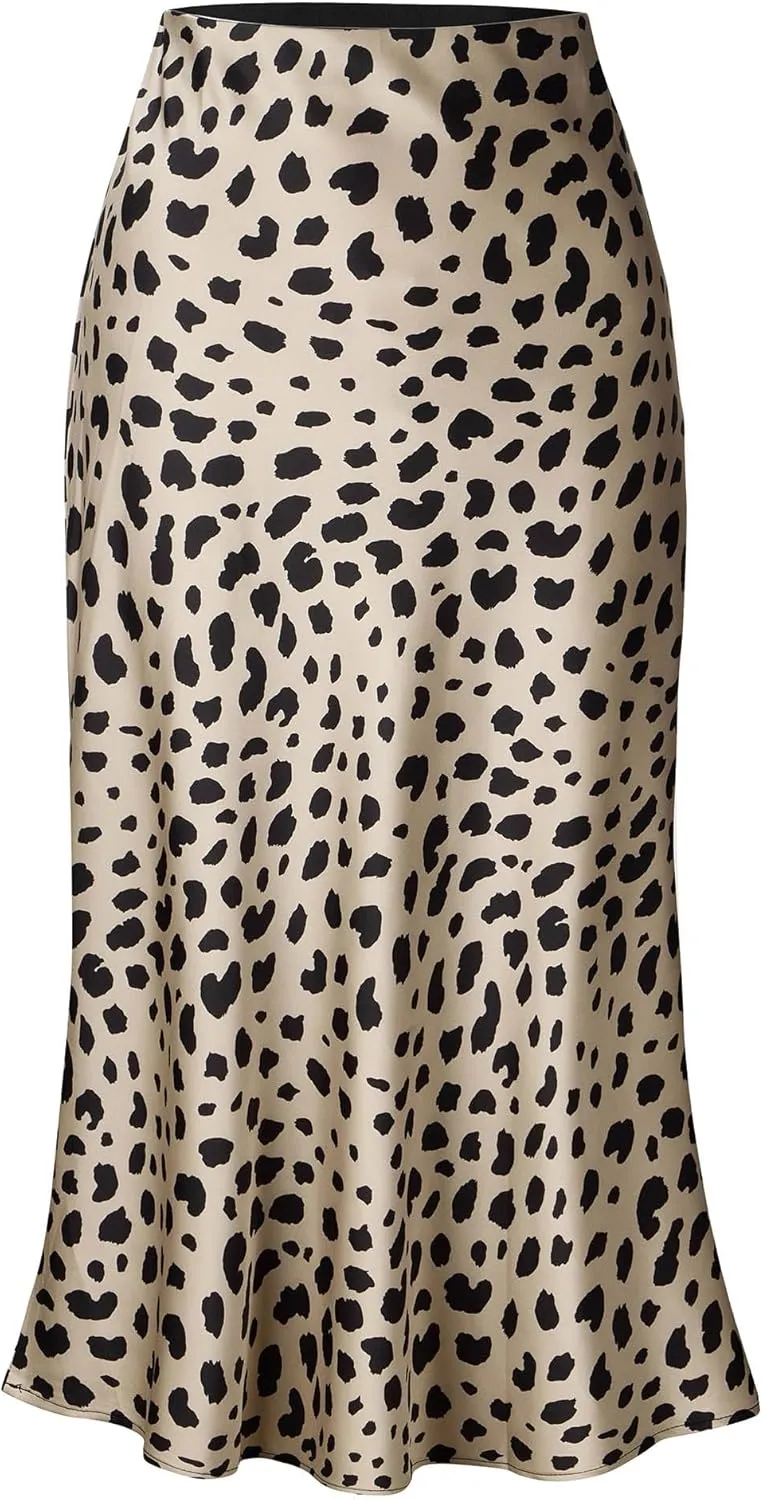 Keasmto Leopard Skirt for Women Midi Length High Waist Silk Satin Elasticized Cheetah Casual Ladies Skirts