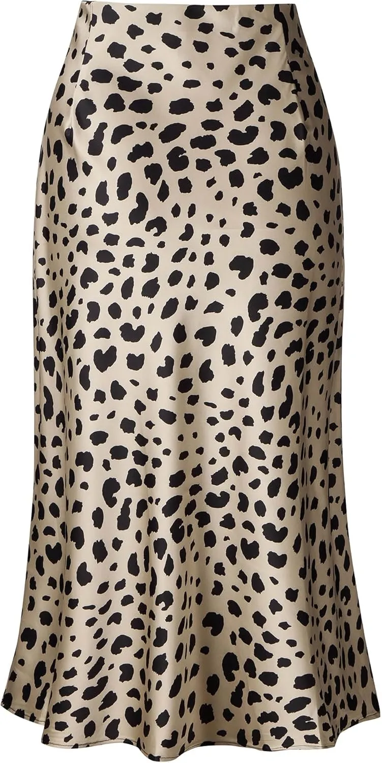 Keasmto Leopard Skirt for Women Midi Length High Waist Silk Satin Elasticized Cheetah Casual Ladies Skirts