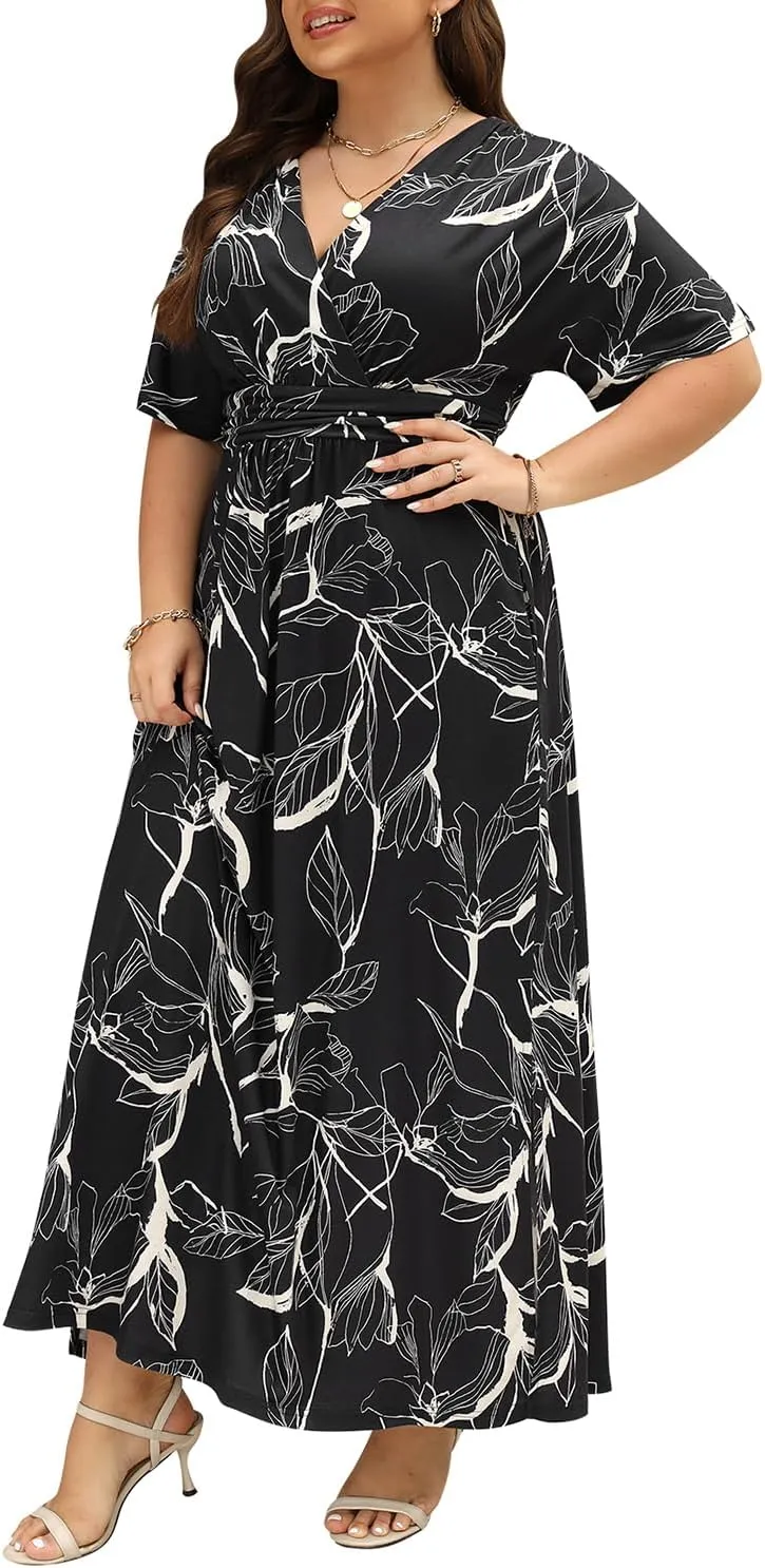 Keluummi Plus Size Wedding Guest Maxi Dress for Curvy Women, Summer Casual Floral Empire Waist 3/4 Sleeve Long Cocktail Dress