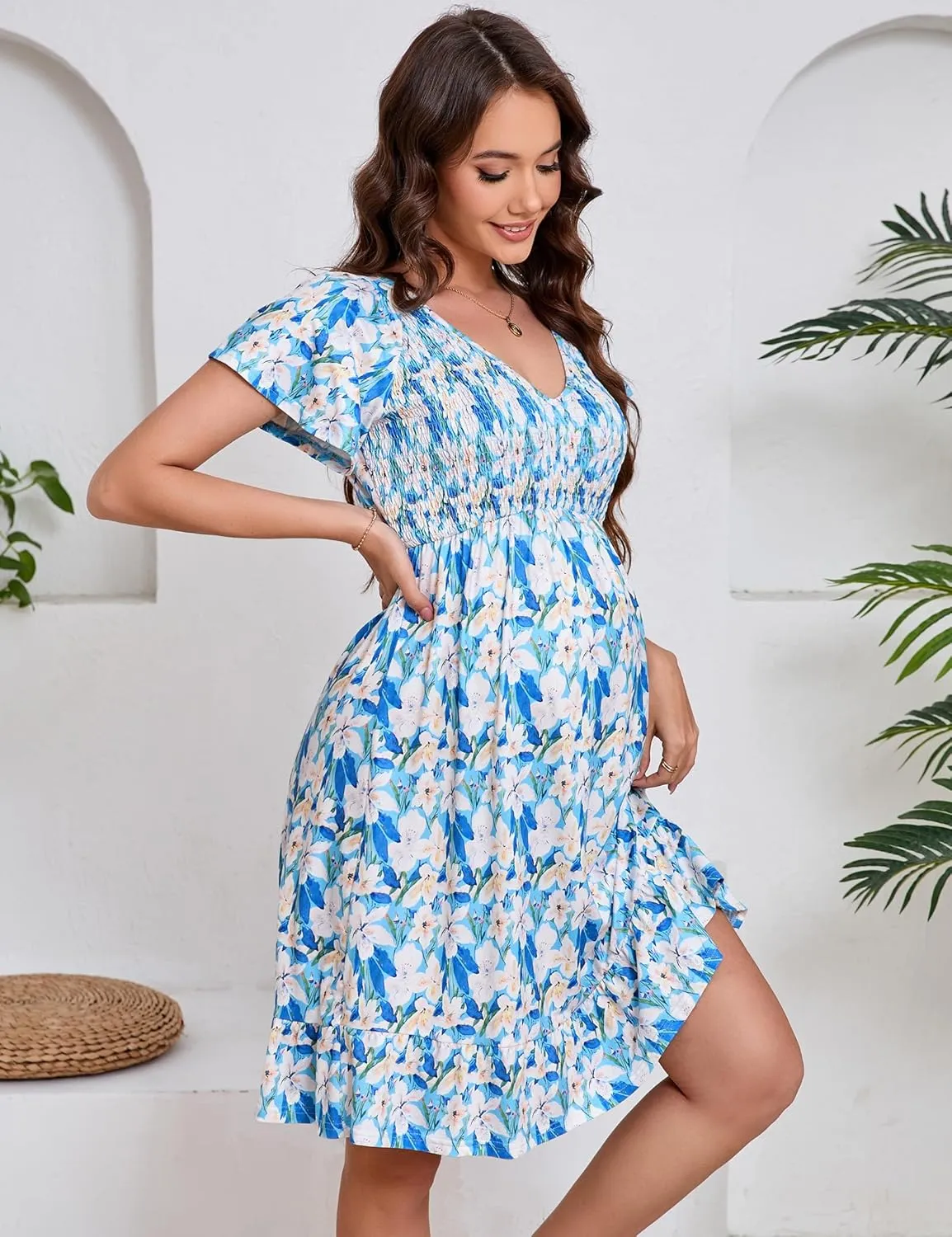 KOJOOIN Women's Maternity Smocked Short Sleeve Summer Dress V Neck Boho Ruffle Casual Swing Midi Dress Baby Shower Photoshoot