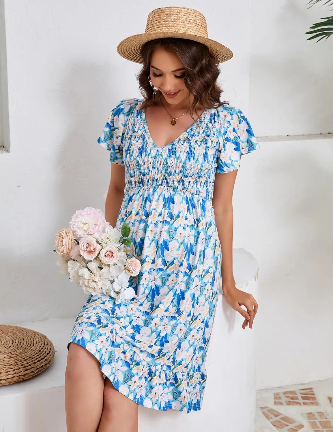 KOJOOIN Women's Maternity Smocked Short Sleeve Summer Dress V Neck Boho Ruffle Casual Swing Midi Dress Baby Shower Photoshoot
