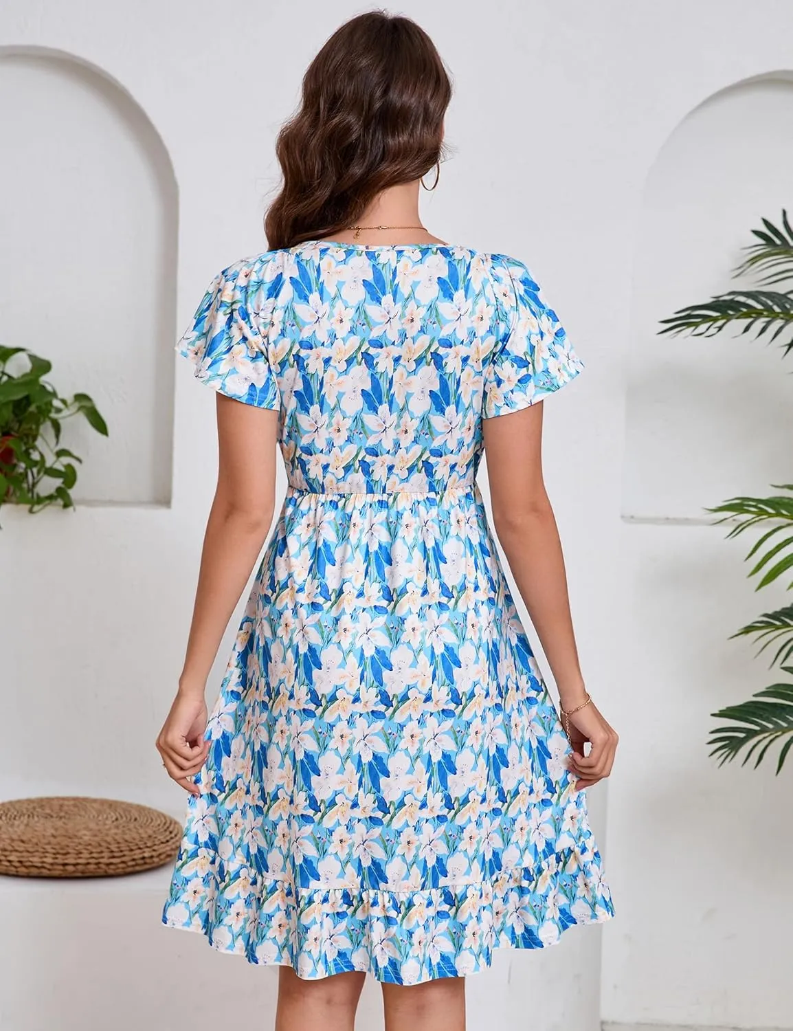 KOJOOIN Women's Maternity Smocked Short Sleeve Summer Dress V Neck Boho Ruffle Casual Swing Midi Dress Baby Shower Photoshoot