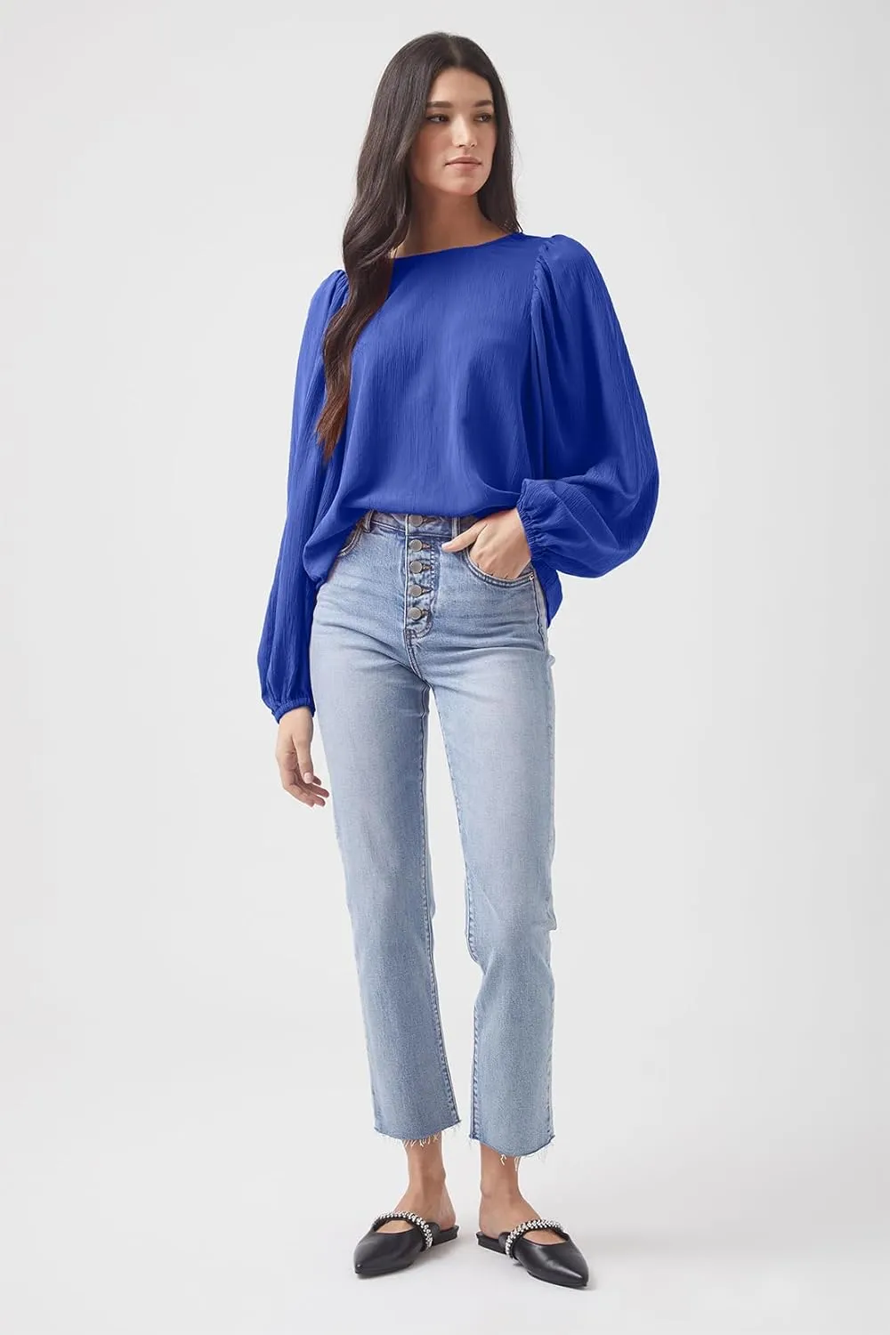 Lesore Womens Blouses Long Sleeve Solid Crewneck Balloon Sleeve Keyhole Back Blouses Tops Tshirts