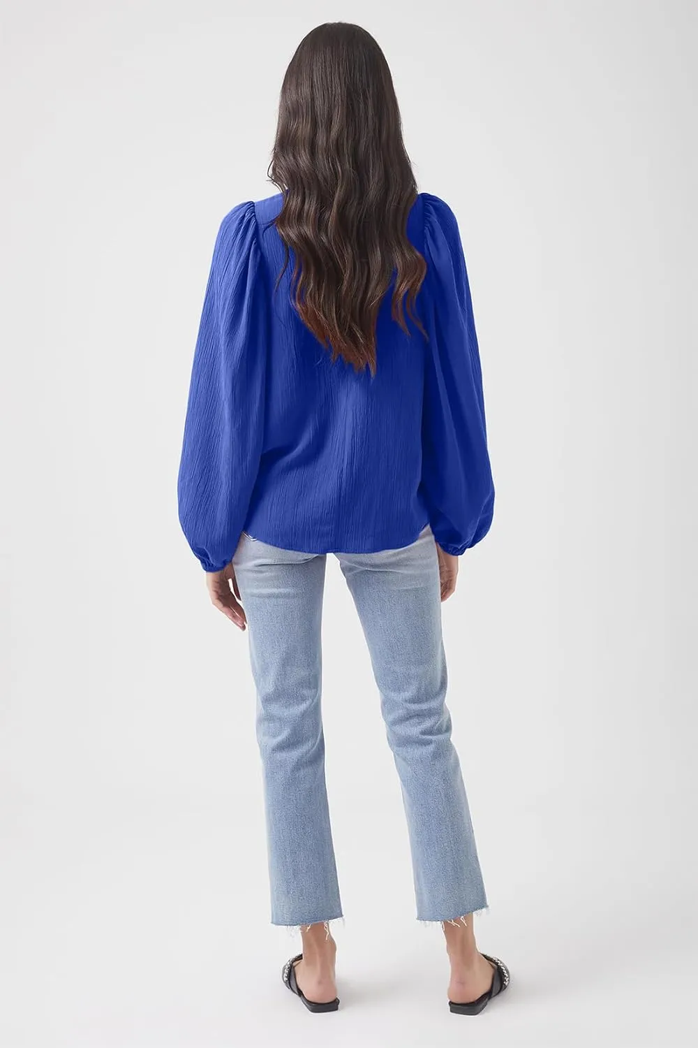 Lesore Womens Blouses Long Sleeve Solid Crewneck Balloon Sleeve Keyhole Back Blouses Tops Tshirts