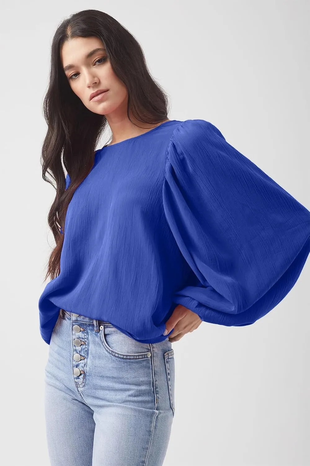Lesore Womens Blouses Long Sleeve Solid Crewneck Balloon Sleeve Keyhole Back Blouses Tops Tshirts