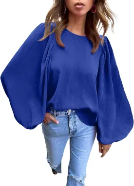 Lesore Womens Blouses Long Sleeve Solid Crewneck Balloon Sleeve Keyhole Back Blouses Tops Tshirts