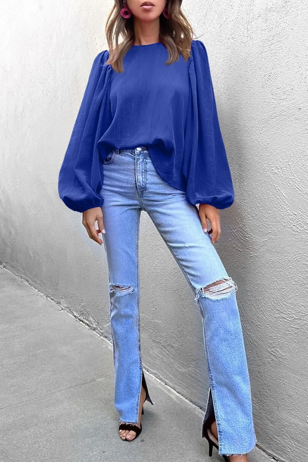 Lesore Womens Blouses Long Sleeve Solid Crewneck Balloon Sleeve Keyhole Back Blouses Tops Tshirts