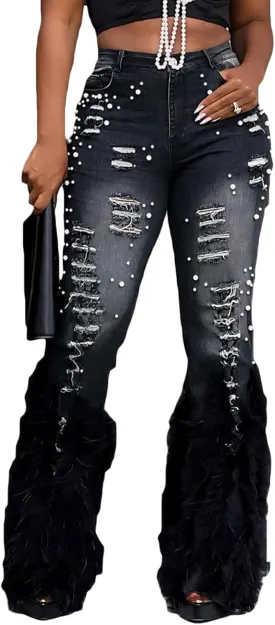 LETSVDO Women's Flare Ripped Pearl Jeans High Waist Distressed Feather Bell Bottom Stretchy Denim Pants