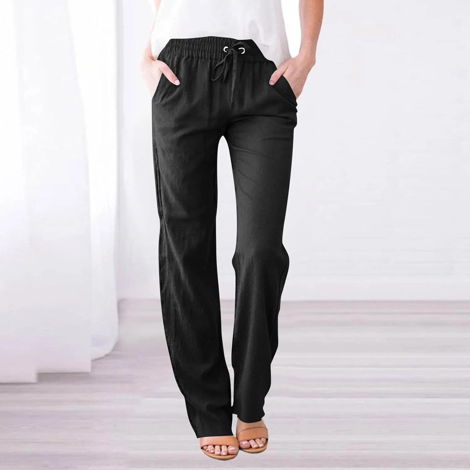 Linen Pants for Women High Waisted Loose Straight Leg Trousers Casual Summer Dress Pants Lounge Trousers with Pockets