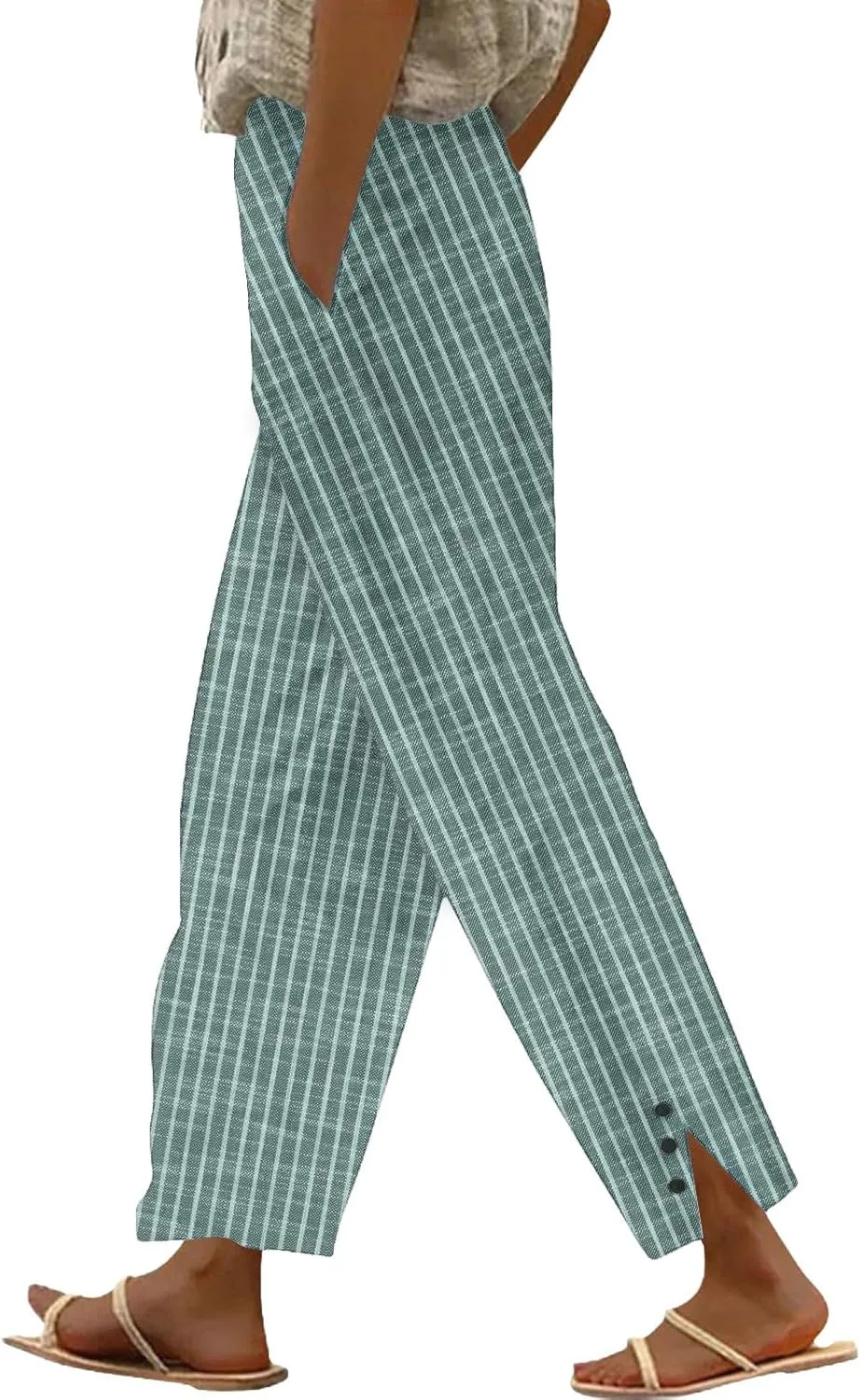 Linen Pants for Women Summer Elastic Drawstring Waist Straight Slit Leg Plus Size Crop Button Beach Capri Trousers