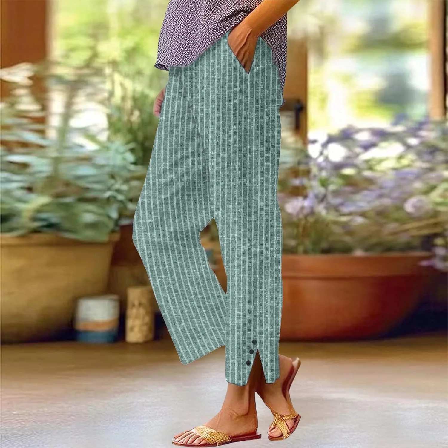 Linen Pants for Women Summer Elastic Drawstring Waist Straight Slit Leg Plus Size Crop Button Beach Capri Trousers