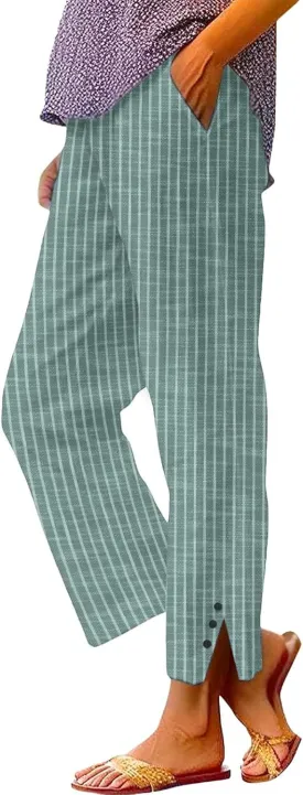 Linen Pants for Women Summer Elastic Drawstring Waist Straight Slit Leg Plus Size Crop Button Beach Capri Trousers