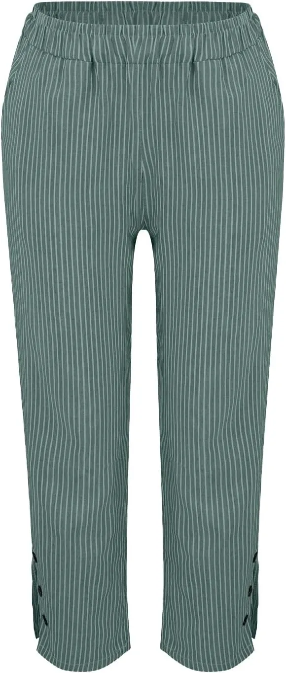 Linen Pants for Women Summer Elastic Drawstring Waist Straight Slit Leg Plus Size Crop Button Beach Capri Trousers