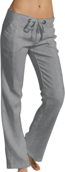 Linen Pants Women Straight Leg Low Rise Lounge Lightweight Capri Pants Summer Drawstring Casual Work Pants Trousers