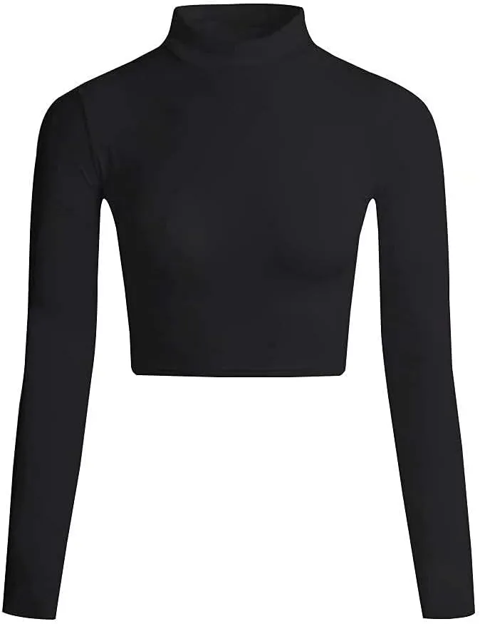 LONGBIDA Women's Long Sleeve Mock Neck Pure Soft Thin Sexy Stretch Crop TOP T Shirt
