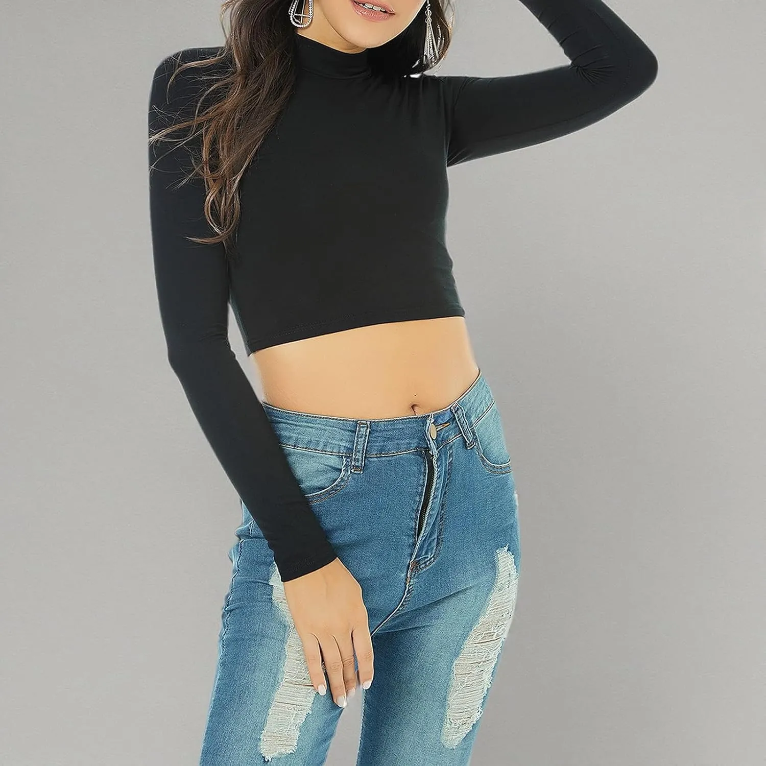 LONGBIDA Women's Long Sleeve Mock Neck Pure Soft Thin Sexy Stretch Crop TOP T Shirt