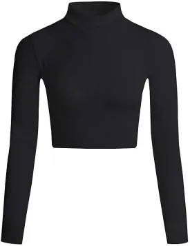 LONGBIDA Women's Long Sleeve Mock Neck Pure Soft Thin Sexy Stretch Crop TOP T Shirt