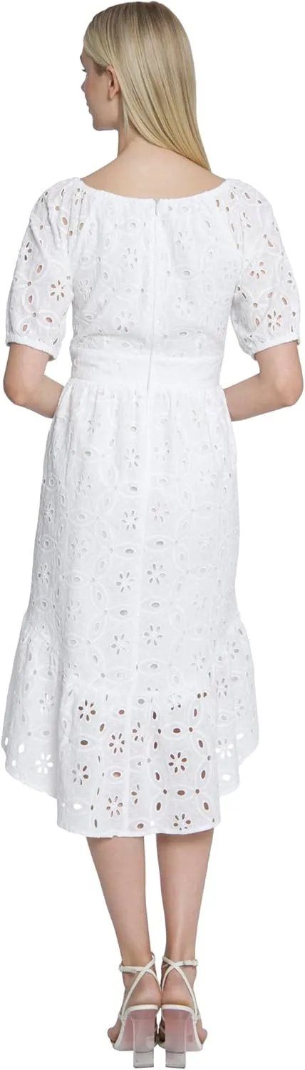 Maggy London Midi Summer Eyelet Lace A-line Casual Bridal Shower, Short Sleeve Flared Skirt, White Dress Women