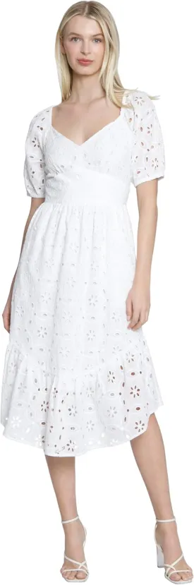 Maggy London Midi Summer Eyelet Lace A-line Casual Bridal Shower, Short Sleeve Flared Skirt, White Dress Women