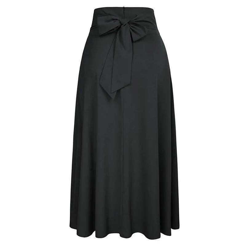 Maxi Skirt vintage Retro High Waist Pleated  Long Skirts Back Bow with Belt (US 6-16)
