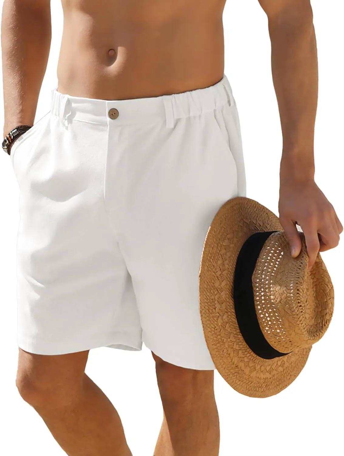 Men's Cotton Linen Shorts Casual Button Elastic Waist Summer Beach Vacation Shorts with Multi-Pocket
