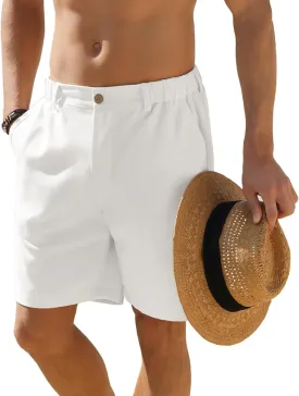Men's Cotton Linen Shorts Casual Button Elastic Waist Summer Beach Vacation Shorts with Multi-Pocket