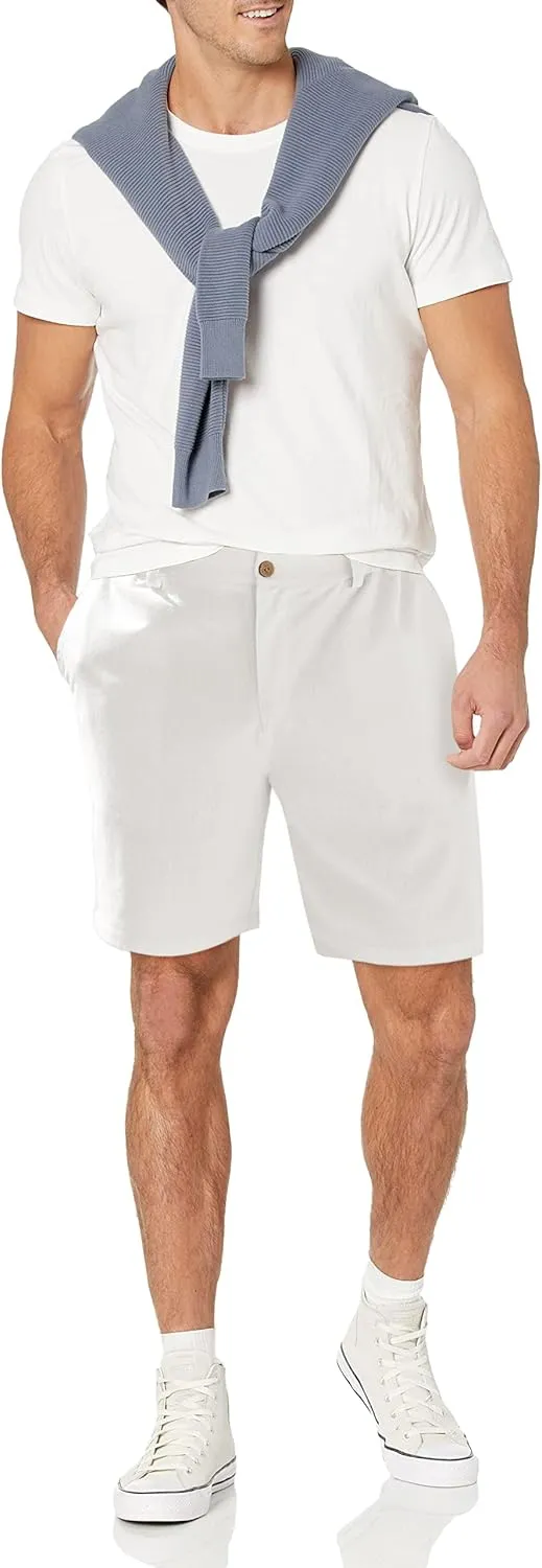 Men's Cotton Linen Shorts Casual Button Elastic Waist Summer Beach Vacation Shorts with Multi-Pocket