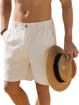 Men's Cotton Linen Shorts Casual Button Elastic Waist Summer Beach Vacation Shorts with Multi-Pocket
